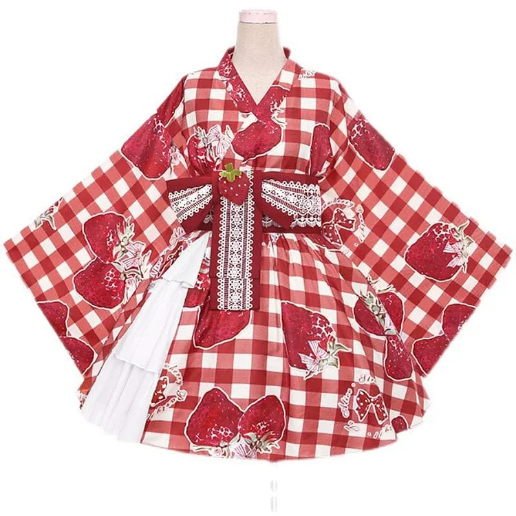 （Reservation）Sweet Cute GirlStrawberry Plaid Belt Kimono Set SS1015