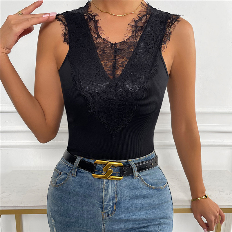 Sexy Solid Lace See-Through V-Neck Sleeveless Fashion Camisole Top