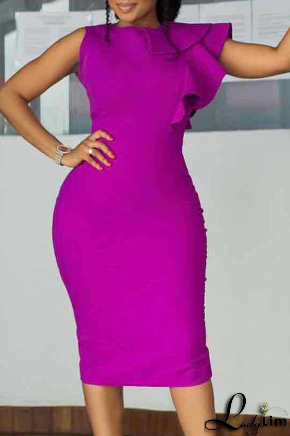 Yellow Casual Elegant Solid Flounce Zipper O Neck Wrapped Skirt Dresses