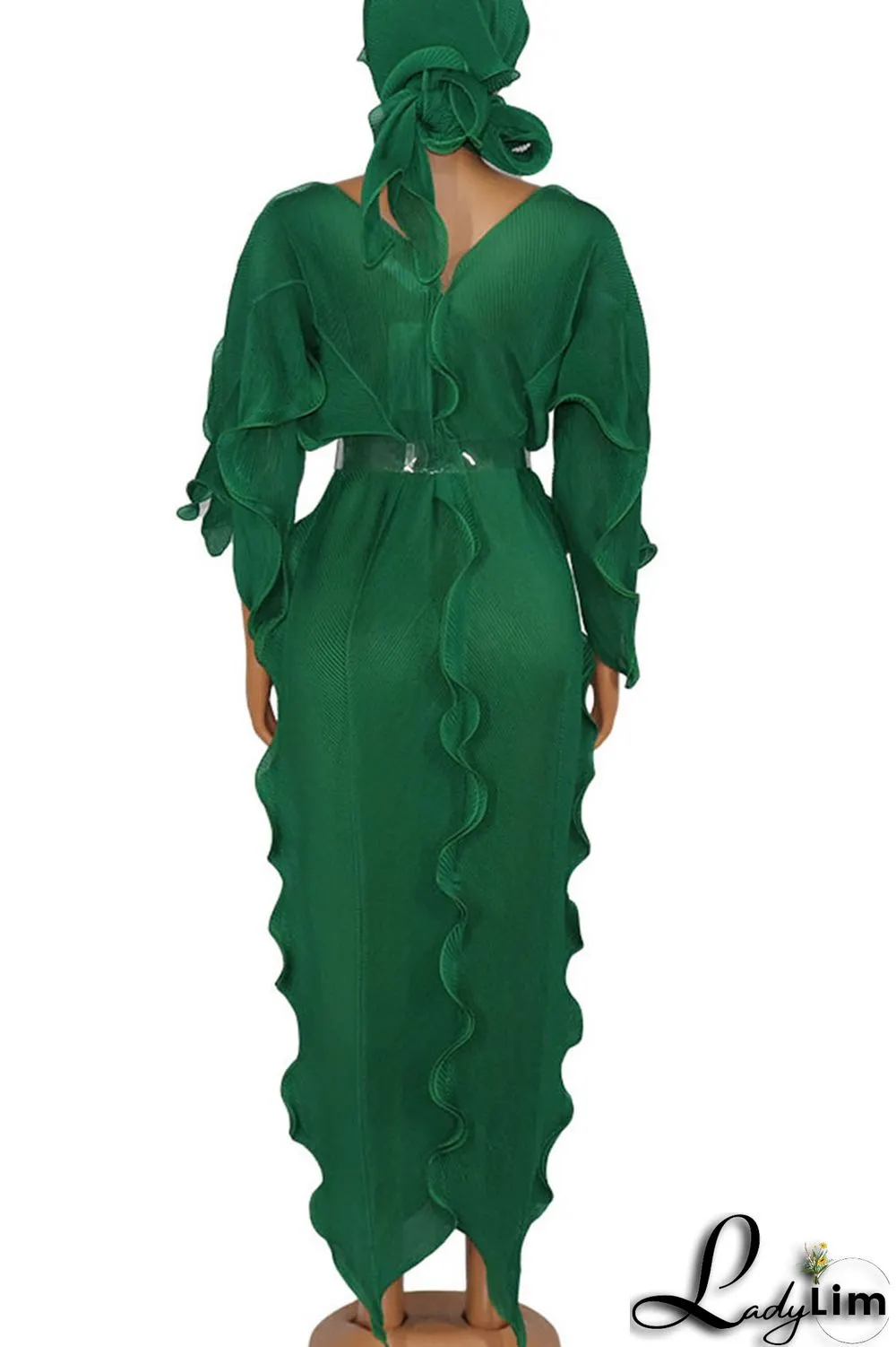 Green Elegant Solid Patchwork Flounce With Belt V Neck One Step Skirt Dresses