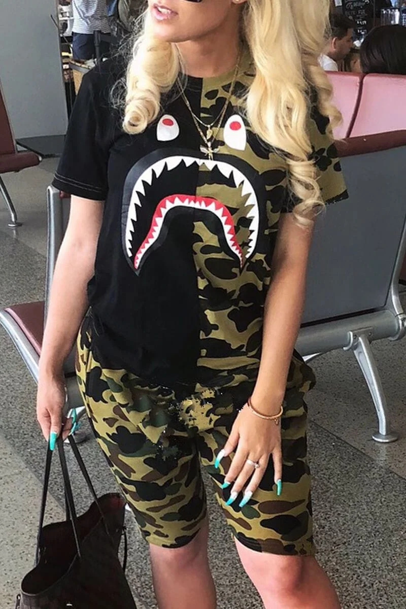 Fashion Shark Mouth Printed T-shirt Set