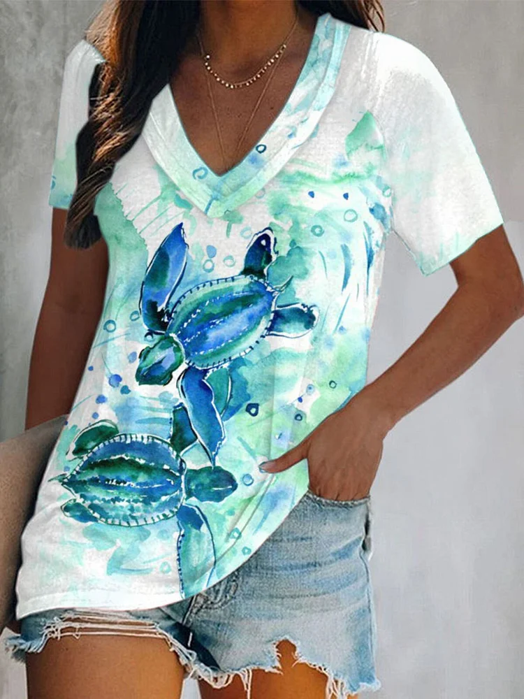 Women's Sea Turtle Print Casual V-Neck T-Shirt