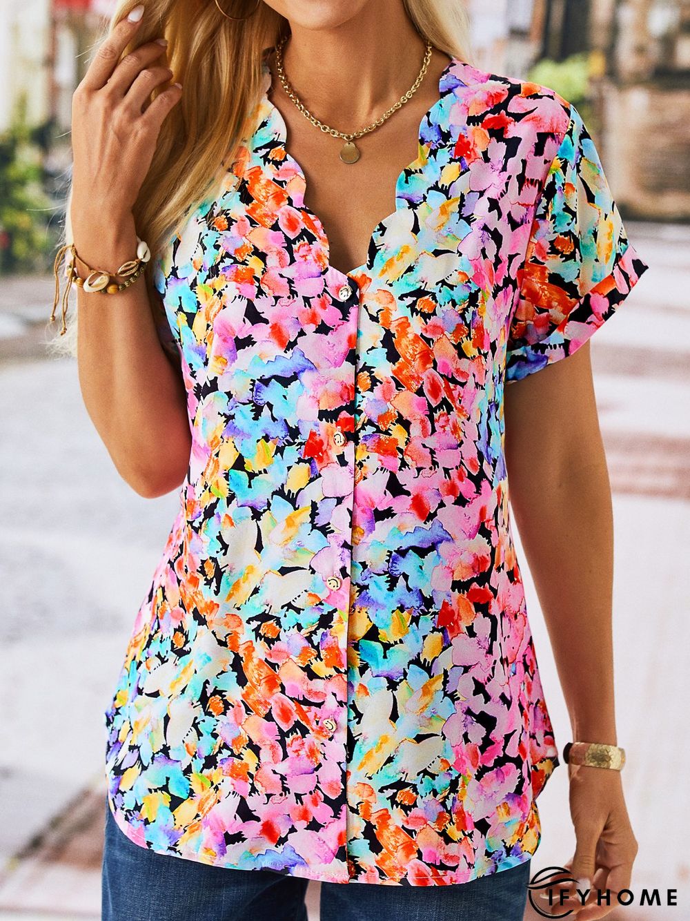 Floral V Neck Casual Short Sleeve Buttoned Blouse | IFYHOME
