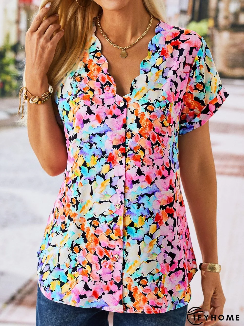 Floral V Neck Casual Short Sleeve Buttoned Blouse | IFYHOME