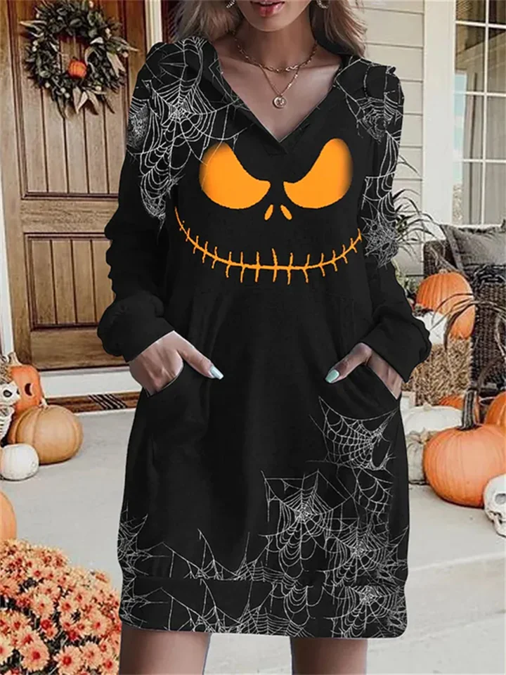 Women's Pullover Hoodie Dress Active Streetwear Print Black Pumpkin Halloween Hooded Long Sleeve S M L XL XXL 3XL