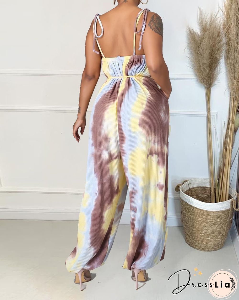 Tie Dye Frill Trim Fringe Belted Cami Jumpsuit