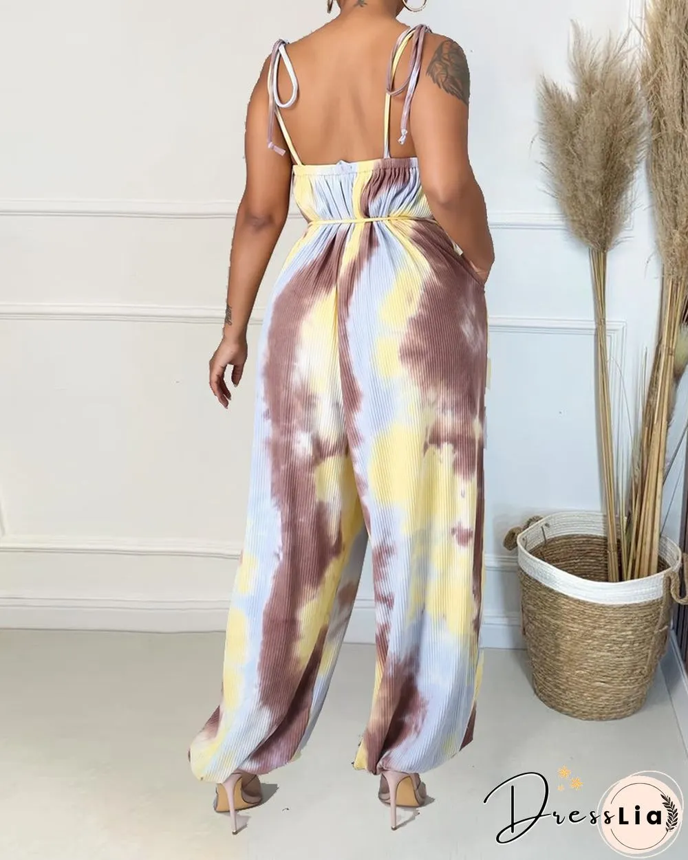 Tie Dye Frill Trim Fringe Belted Cami Jumpsuit