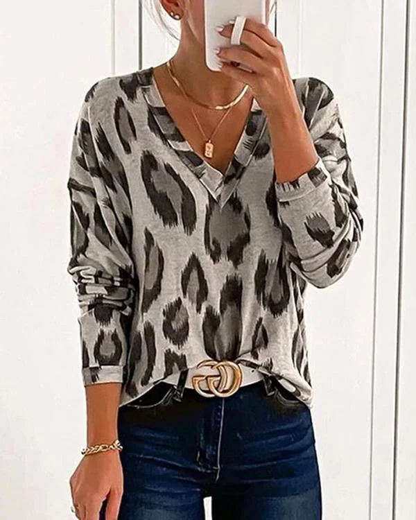 Leopard V-Neck Long Sleeves Casual Blouses