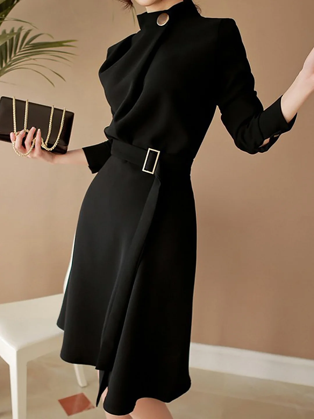 Black Statement A-Line Work Folds Cocktail Midi Dress