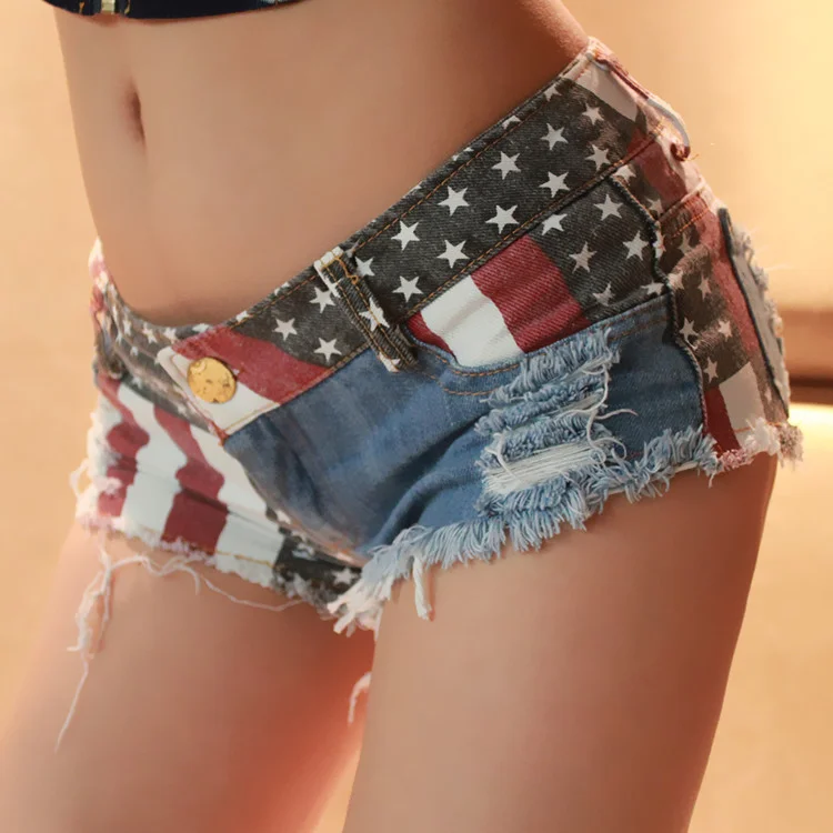 Women's Low Rise Jeans, Denim Shorts, Sexy Nightclub Flag Print Shorts