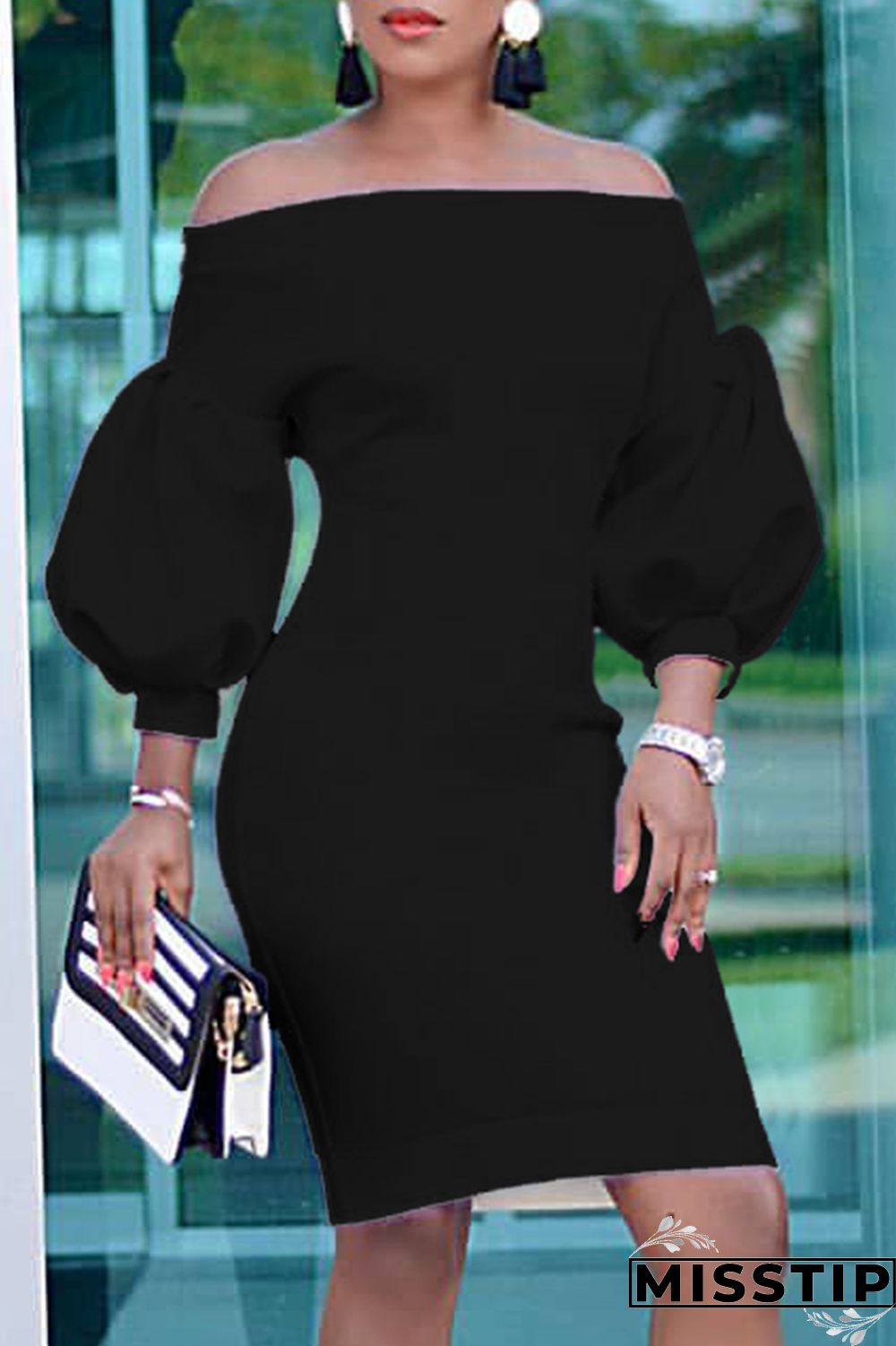 Black Fashion Casual Solid Backless Off the Shoulder Long Sleeve Dresses