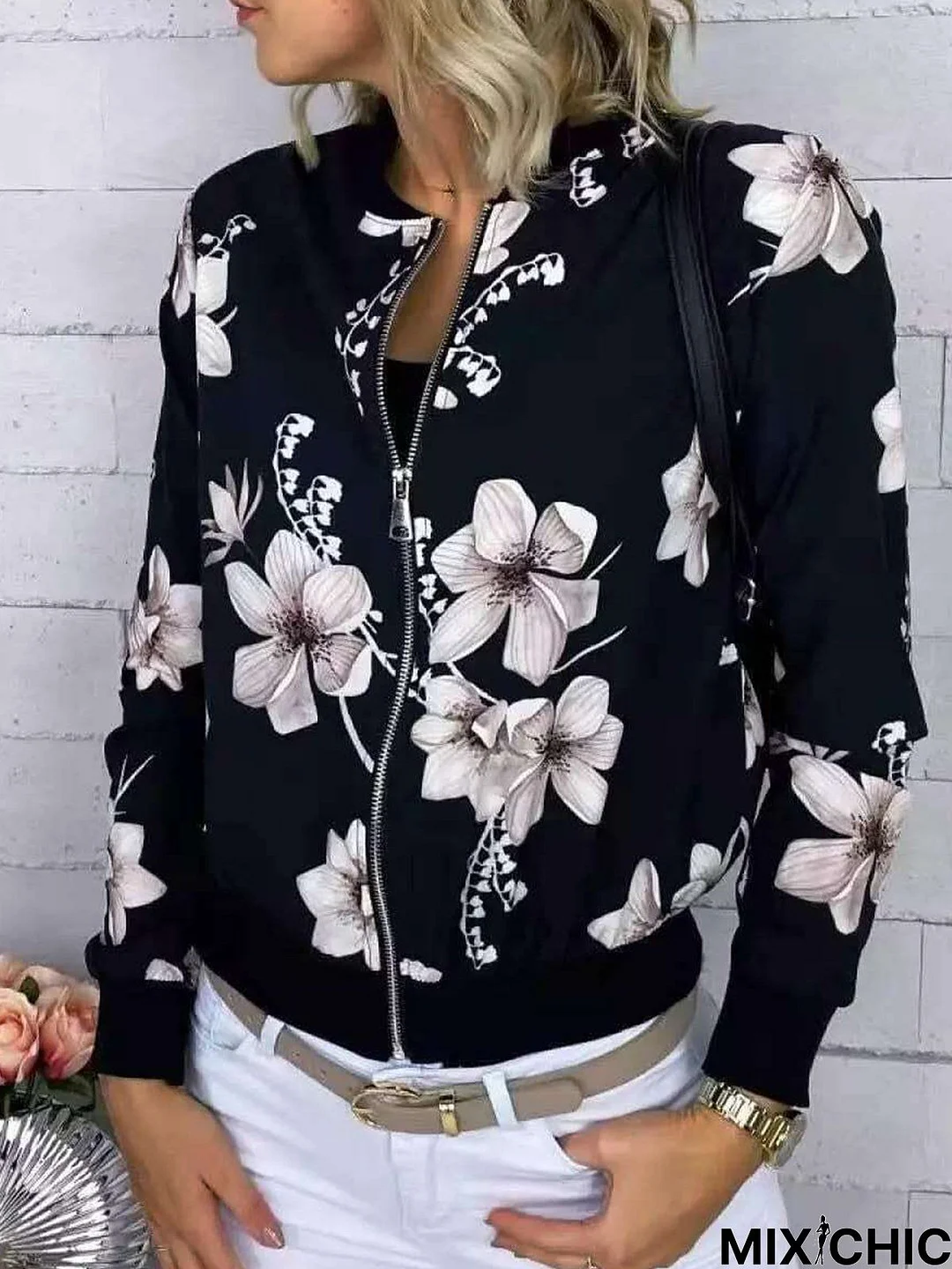 Floral Long Sleeve Zipper Casual Jacket