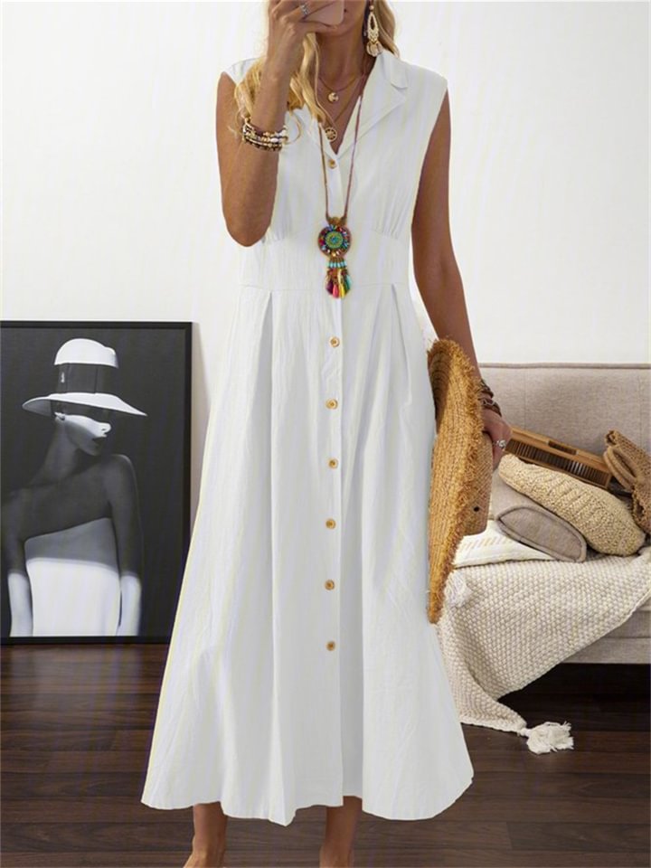 Collar Women's A-shaped Retro Cotton Linen Long Dress | EGEMISS