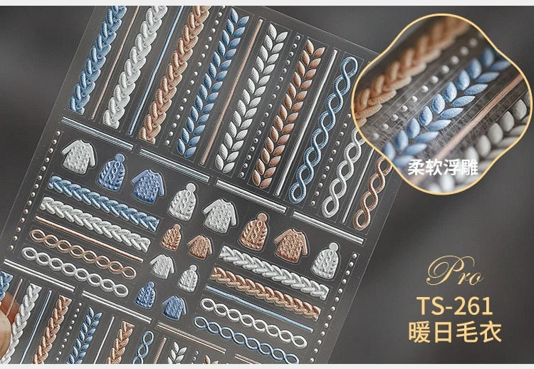 1pc Winter Knit Sweater Cloth Pattern 5D Nails Decal Engraved Embossed Nail Art Adhesive Decals For New Year Valentines Gifts-Nail Inspo