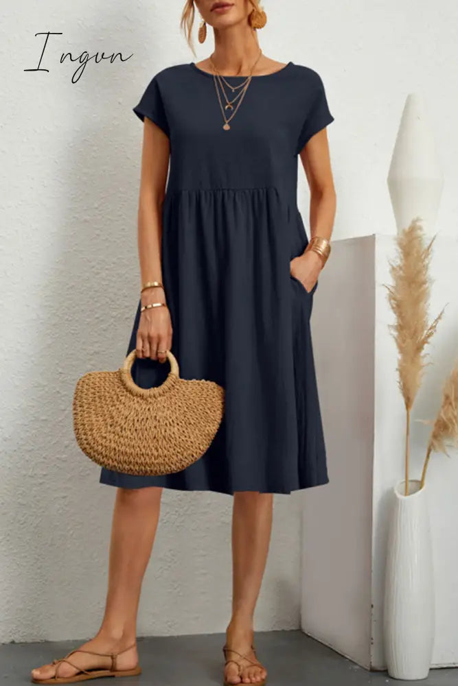 Ingvn - Casual Solid Patchwork O Neck A Line Short Sleeve Dress(11 Colors) Deep Blue / S