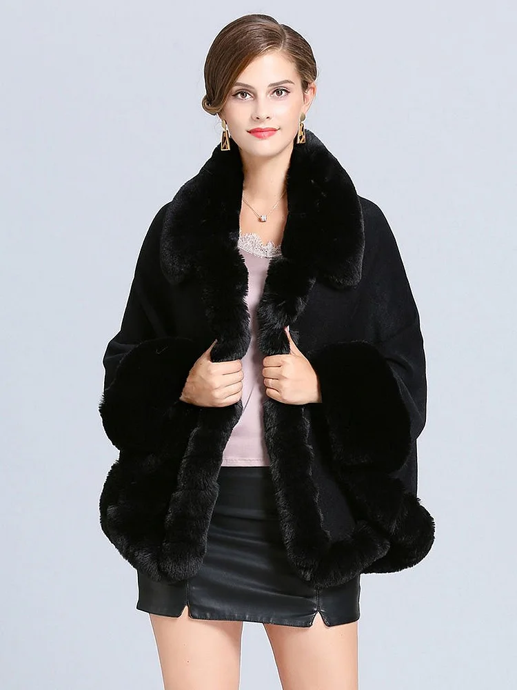 Women Poncho Sweater Faux Fur Coat Shawl Collar
