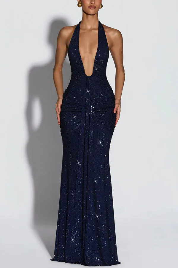 Rosetta Sequin Deep U-neck Ruched Hip Draped Panel Halter Maxi Dress