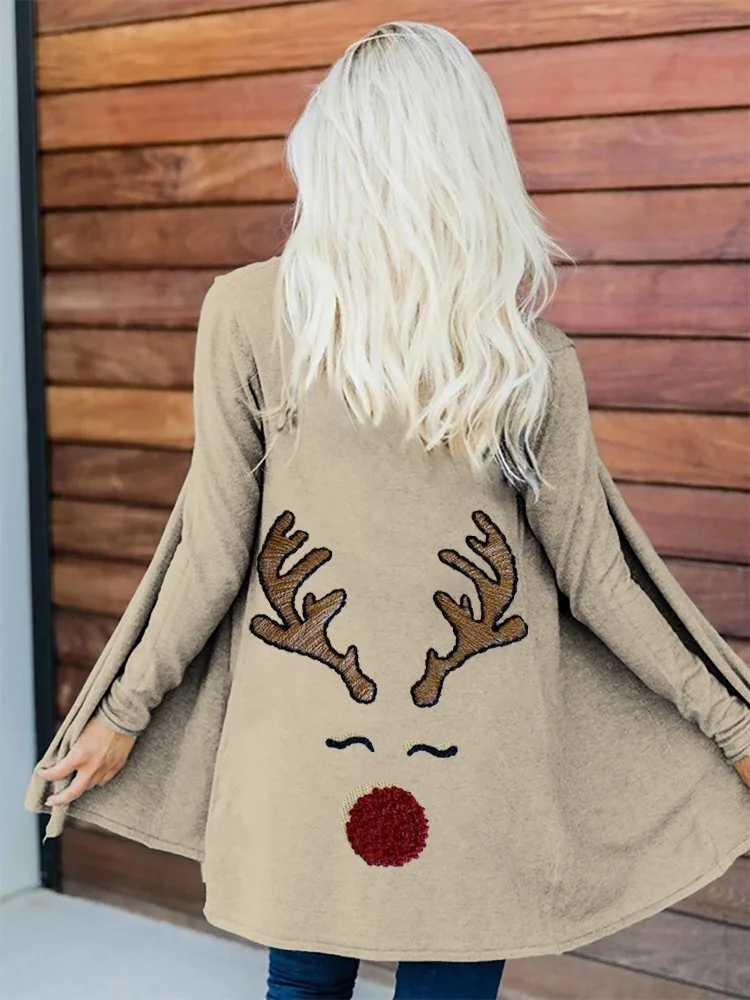 Christmas Reindeer Face Embroidery Comfy Cardigan