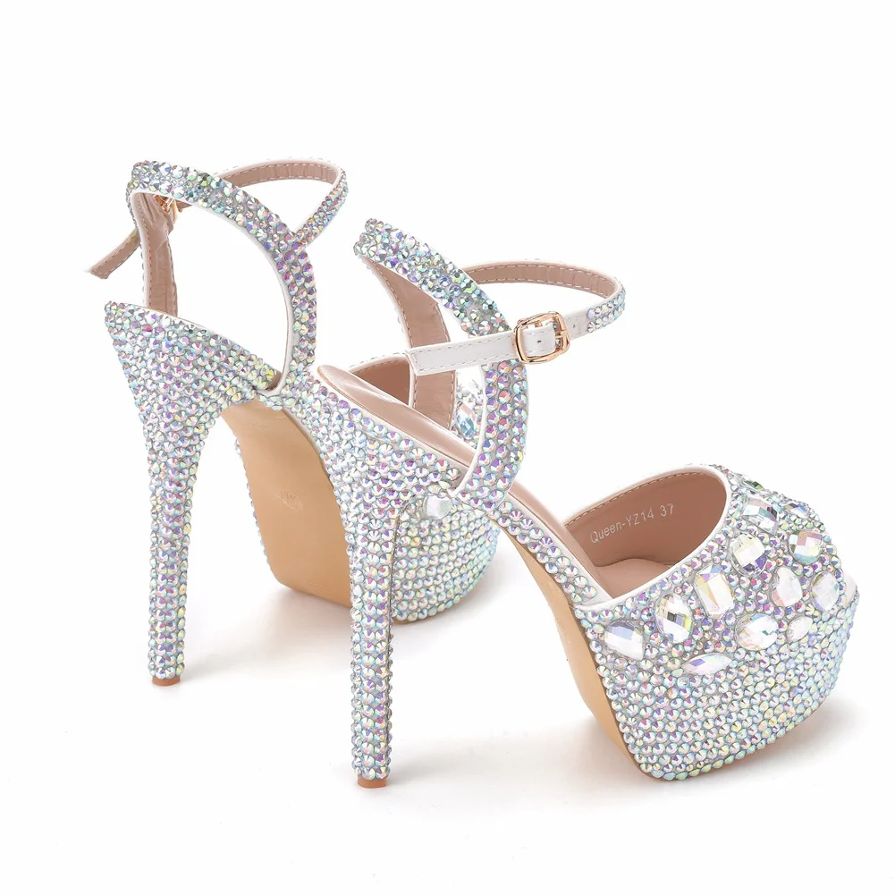 Breakj Breakj Fish Mouth High-Heeled Sandals Fine Heel Water Diamond Wedding Shoes Bride Shoes Color Diamond Crystal Sandals Full Of Diamond Shoes