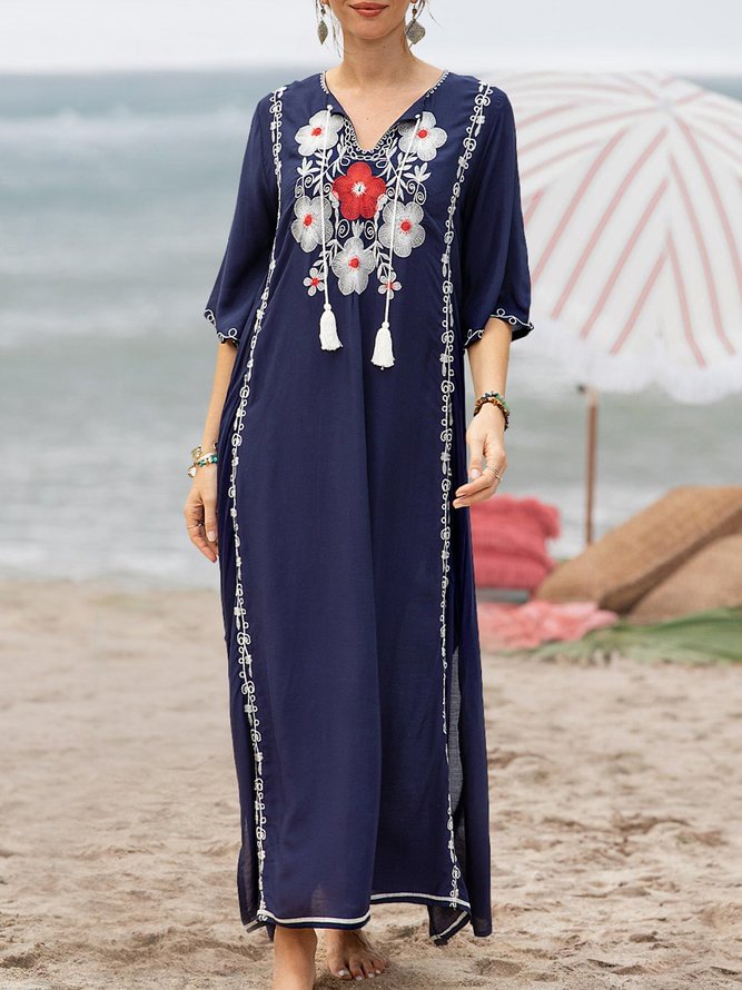 Women Shift V Neck Embroidery Floral Seaside Dresses Zaesvini