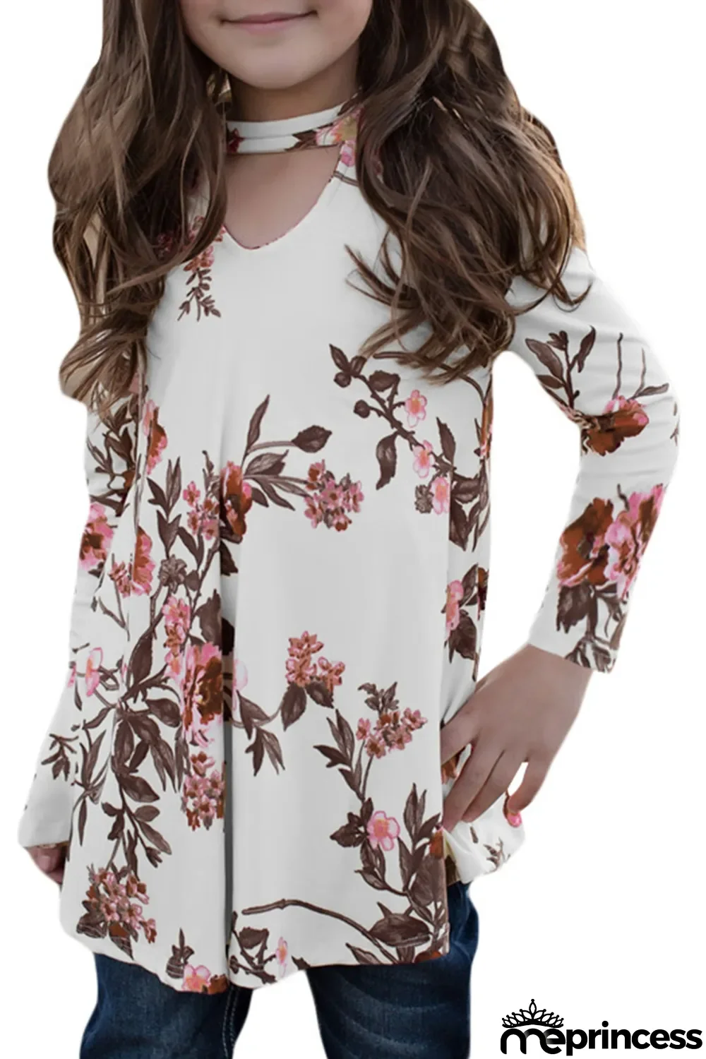 White Floral Key Hole Front Girl's Long Sleeve Top