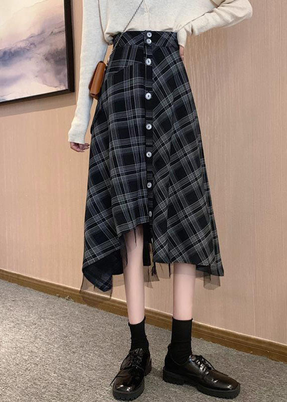 VCSHOES Loose Black Plaid Asymmetrical Design Button Cotton Skirts Summer
