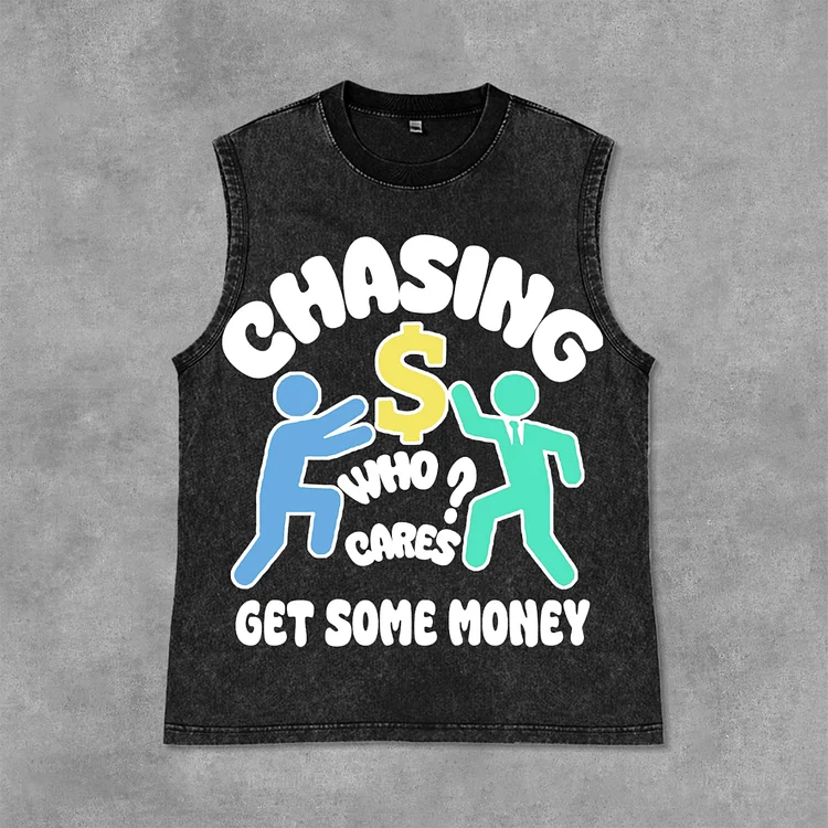 Vintage Chasing Money Graphic Print Casual Acid Washed Sleeveless Tank Top SOPULA