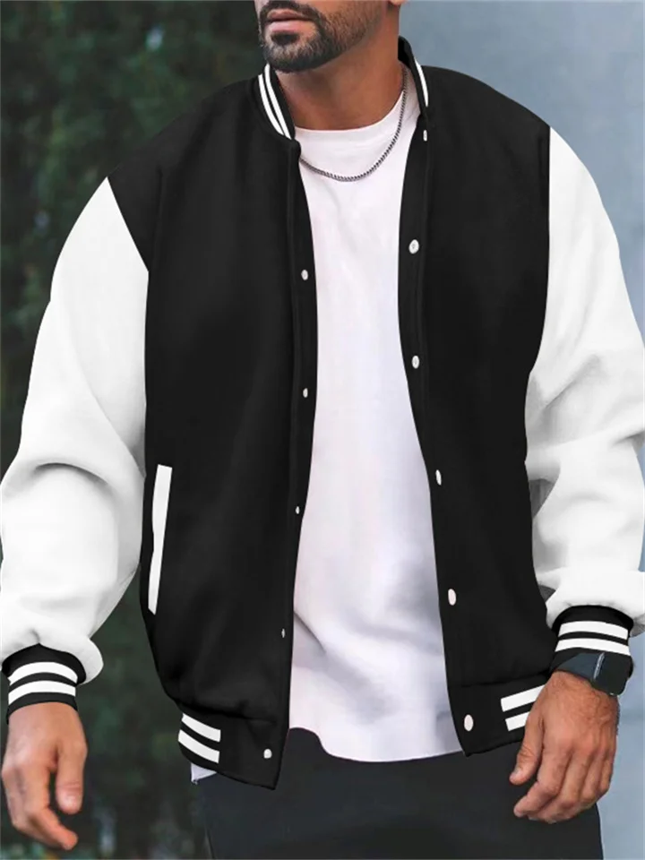 Men's Baseball Jacket Trend Solid Color Collision Color Sweater Casual Versatile Men's Loose Stand-up Collar Coat Teenage Cardigan-Cosfine