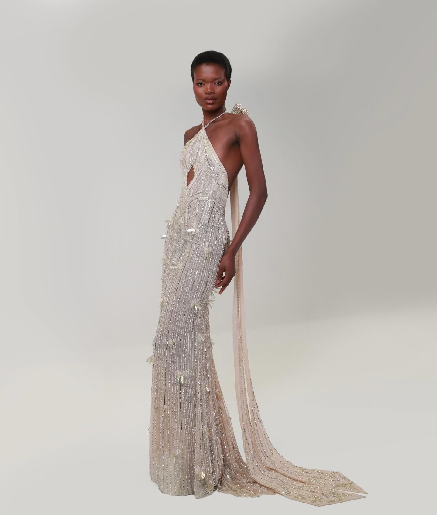  Lussooy Stunning Ivory Backless Halter Beaded Sleeveless Long Prom Dress with Train 