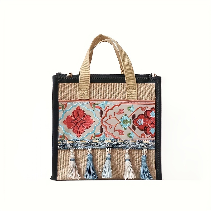Ethnic Style Tassel Handbag, Floral Embroidery Crossbody Bag, Bohemian Tote Bag For Women