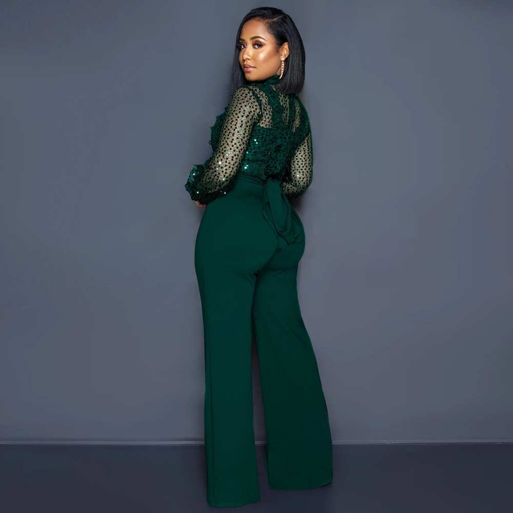 Party Turtleneck Sequin Lace Sheer Long Sleeve Top Loose Jumpsuit for Women - Ootddress