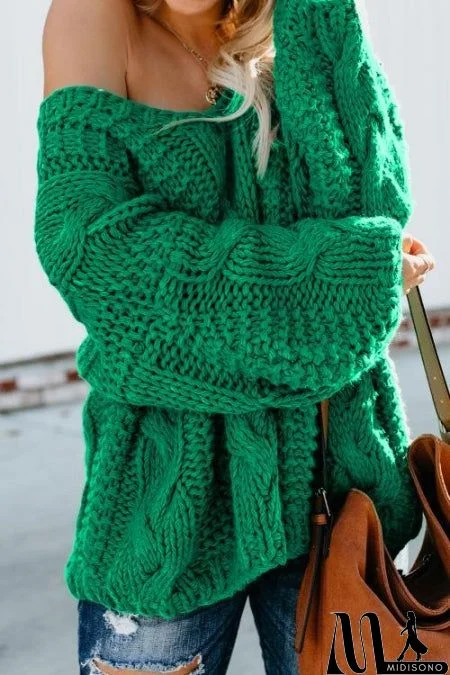 Green Bubblegum V-Neck Braided Knit Sweater