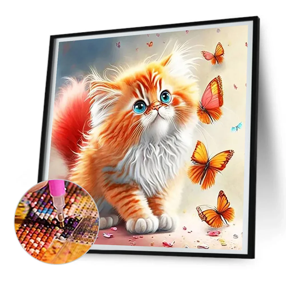 Full Round Diamond Painting 30*30cm - Butterfly And Kitten