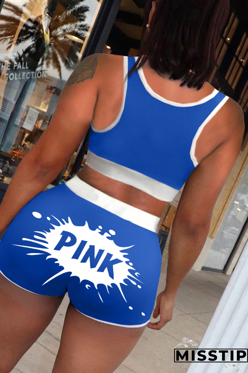 Black Street Print Patchwork U Neck Plus Size Two Pieces