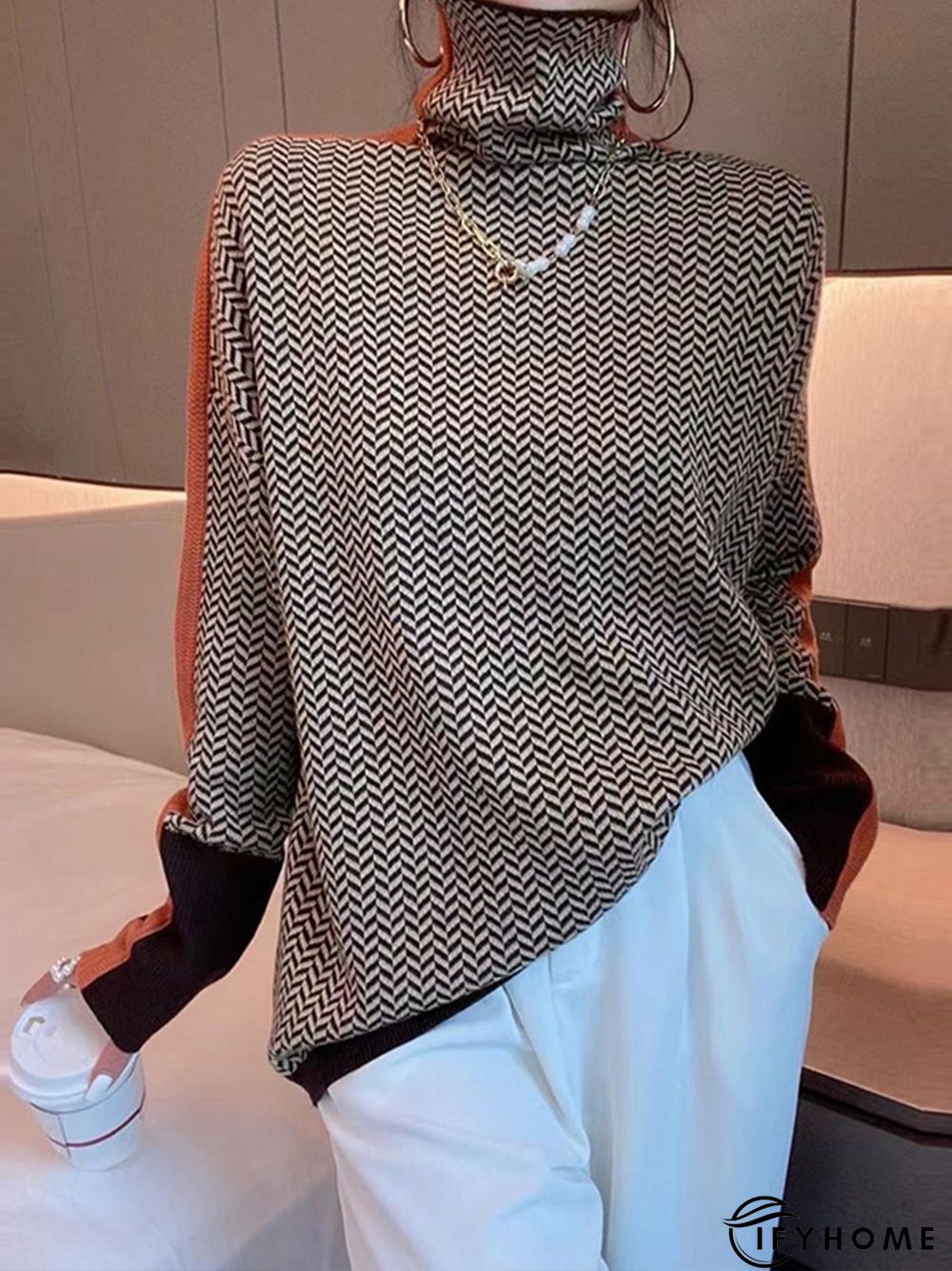 Coffee Long sleeve Turtleneck Daily Regular Fit Sweater | IFYHOME