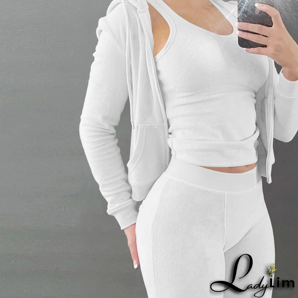 Women's Autumn/Winter Fleece Vest Hooded Three-Piece