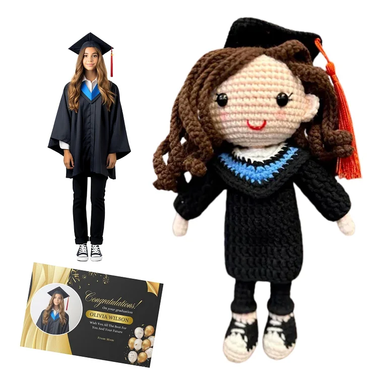Duckbe Custom Crochet Doll Grad Gift for Her Him, Personalized Knitted Doll Made from Your Picture & Greeting Card, 2025 Graduation Gift College Master Phd Degree Graduation Gift for Women Men