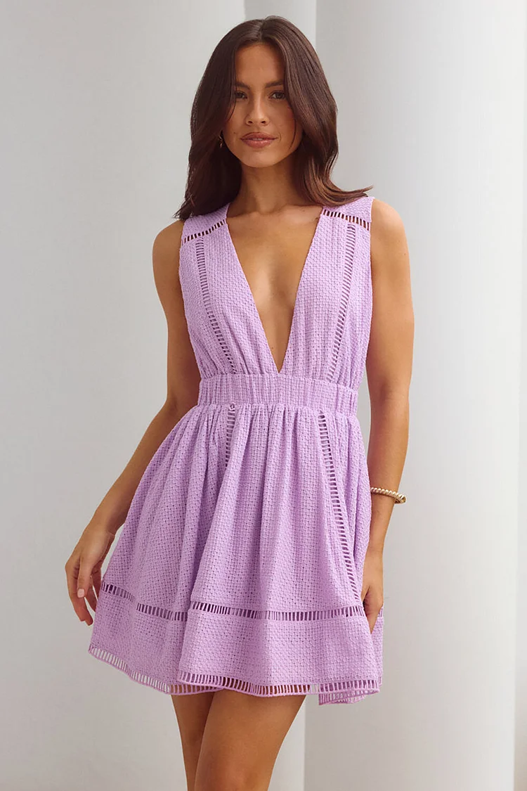Sleeveless Deep V Neck Ladder Trim A-Line Mini Dresses-Purple [Pre Order]