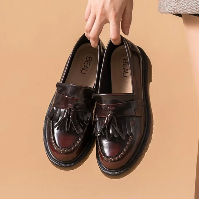 Fringe Loafers Women Genuine Cow Leather Round Toe Tassel Detail Ladies Slip-On Flats Shoes Handmade 27701