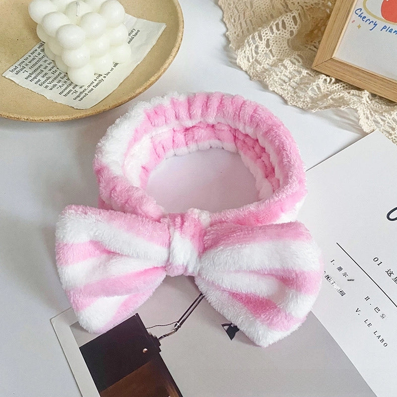 Leopard Stripe Bow Hair Band Women’s Face Washing Sports Hair Band Coral Fleece Hair Accessories