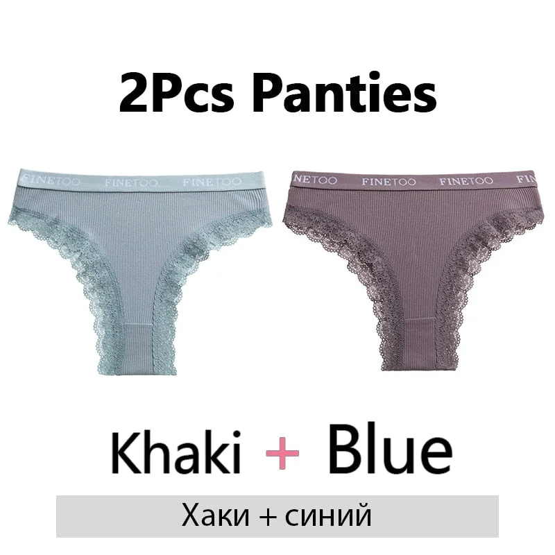 FINETOO 2Pcs/Set Cotton Panties for Women Sexy Ladies Lace G-string Solid Color Thongs Girls Plus Size M-2XL Underwear Lingerie