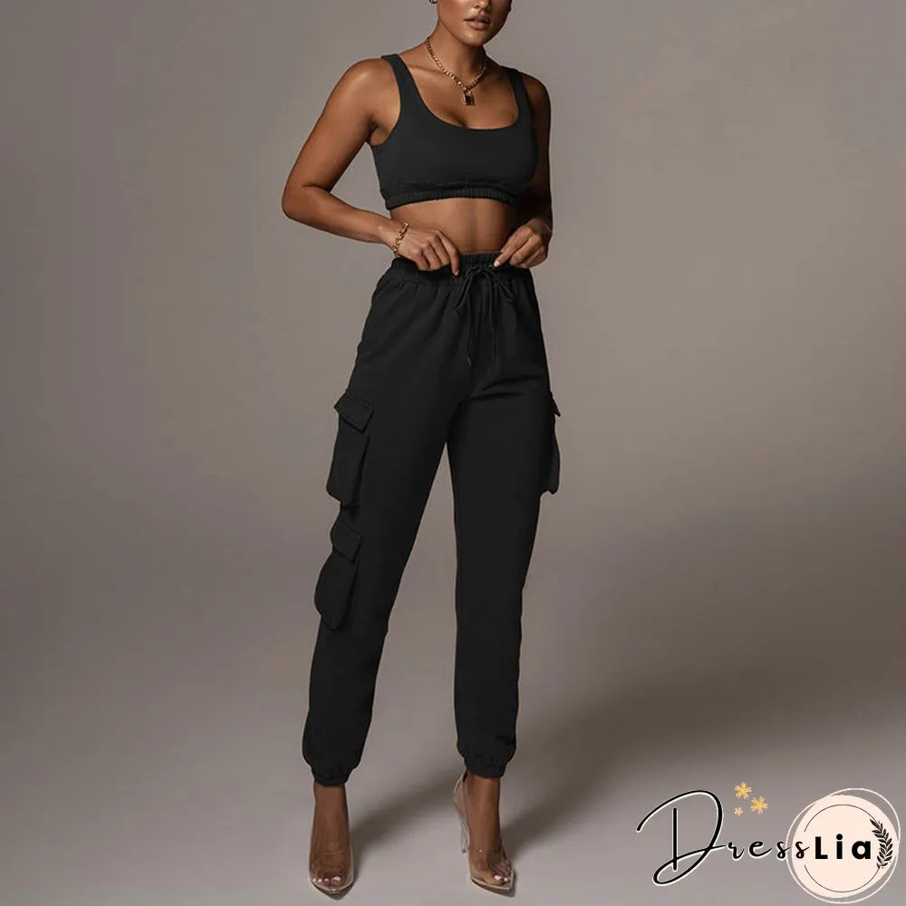 Sporty Crop Top and Pocket Detail Jogger Tracksuit Pant Set