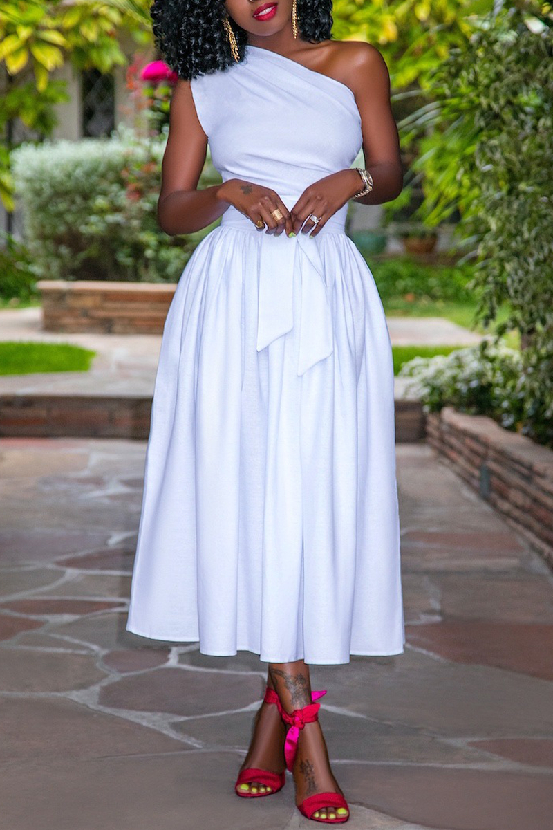 Pocket Detail Belted One Shoulder Long Dress