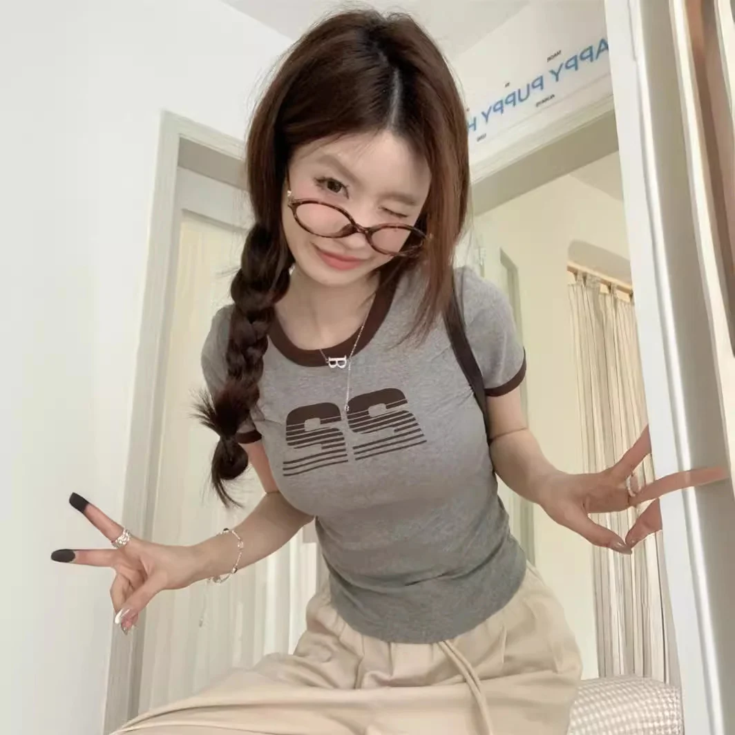 Uveng Uveng Print Short-Sleeved T-Shirt Women's Summer 2024 Hot Girls Retro Short Student Slim Top Fashion