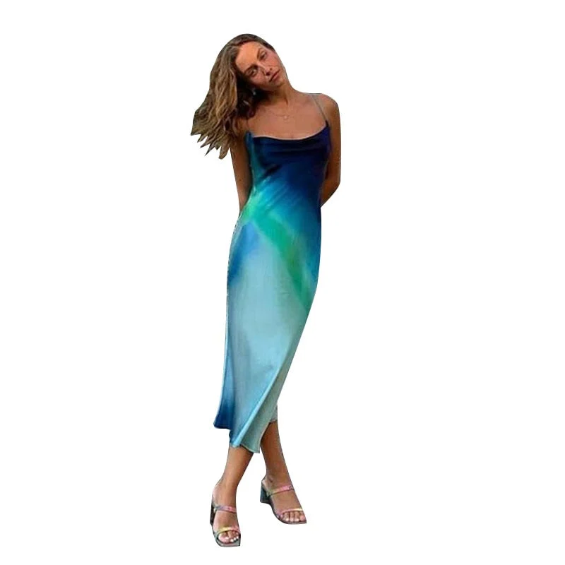 InstaHot Fashion Tie Dye Women Dress Spaghetti Strap Mid-Calf Sexy Fashion Casual Vintage Streetwear Female Satin Dresses 2021