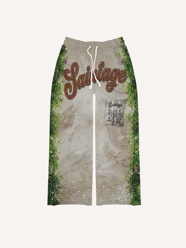 Graphic Faux Rhinestones Print Elastic Waist Pants