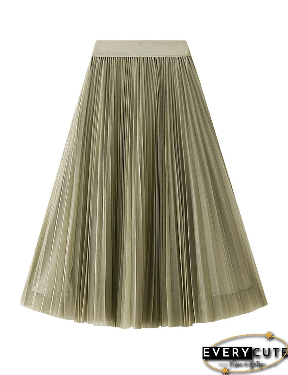 Light Green Swing Pleated Mid-length Gauze Skirt