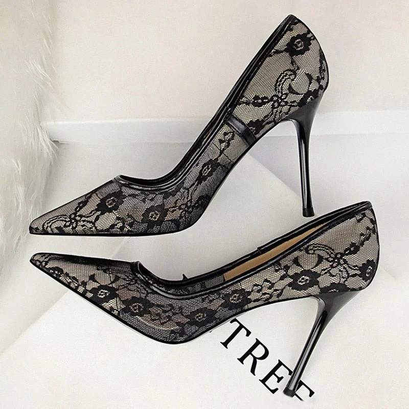 BIGTREE Shoes Mesh Hollow Lace Woman Pumps 2022 Spring Women Heels Sexy Party Shoes Thin Stiletto Heels Women Shoes 6 Colour