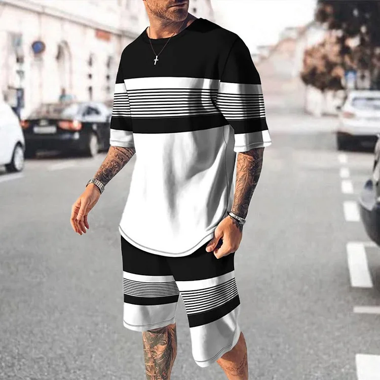 BrosWear Casual Stripe Print Crew Neck T-Shirt And Shorts Co-Ord