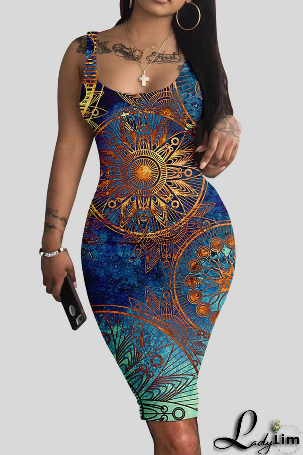 Blue Sexy Print Patchwork U Neck Pencil Skirt Dresses